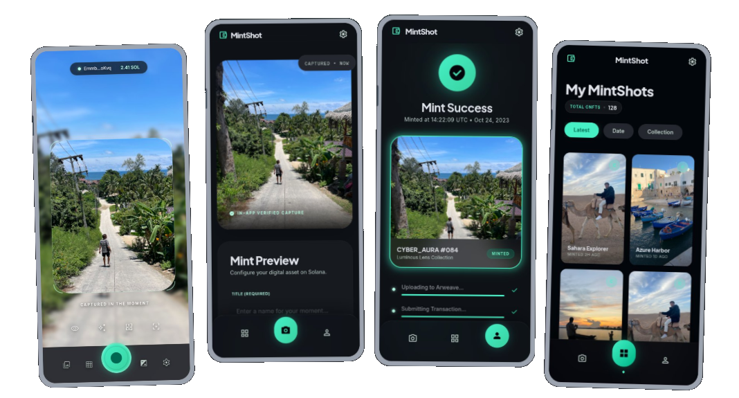MintShot landing screenshot showing four app screens for capture, mint preview, mint success, and the My MintShots gallery.